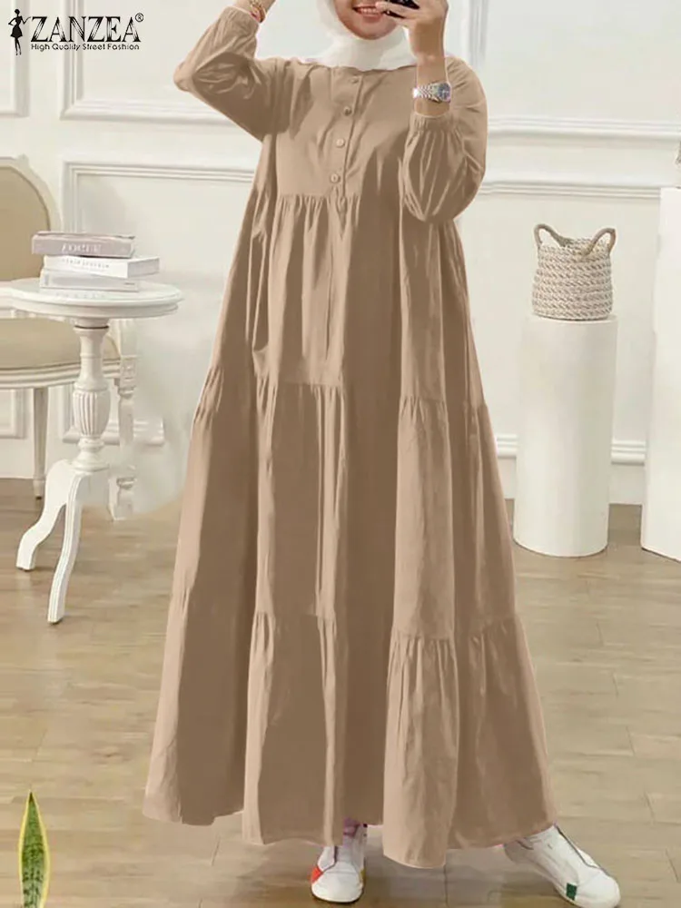 

Fashion Long Sleeve Solid Ruffles Sundress ZANZEA Women Muslim Abaya Long Dress Kaftan Robe Femme Eid Mubarek Islamic Clothing