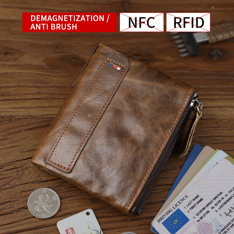 Anti RFID Men\'s Wallet Soft Leather Short Wallets High Quality Genuine Leather Coin Purse Card Slot Zipper Money Bag Black Brown