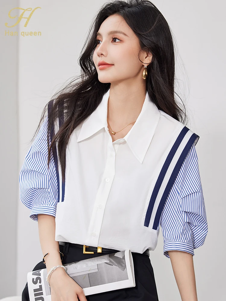 H Han Queen 2024 Summer Korean Women Colorblocking Stripes Vintage Tops Chiffon Short Sleeve Casual Office Shirts Elegant Blouse