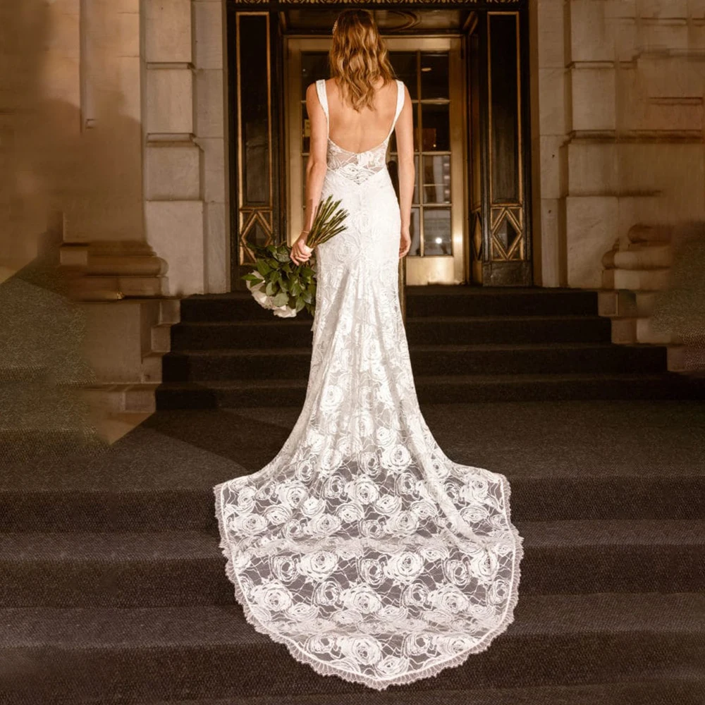 High Low Boho Rosy Lace Square Neck Wedding Gowns Customized Backless Irregular Sleeveless Leg Split Garden White Bridal Dress