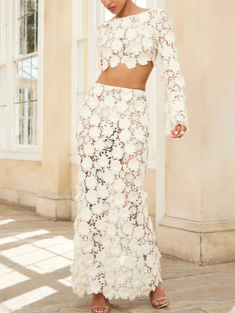 Swimwear Skirt Cover-up 2 Piece Set Women Crop Tops And Maxi Skirt Bathing Suit Fashion Solid Hollow Sexy Beach Cover Up Outfits