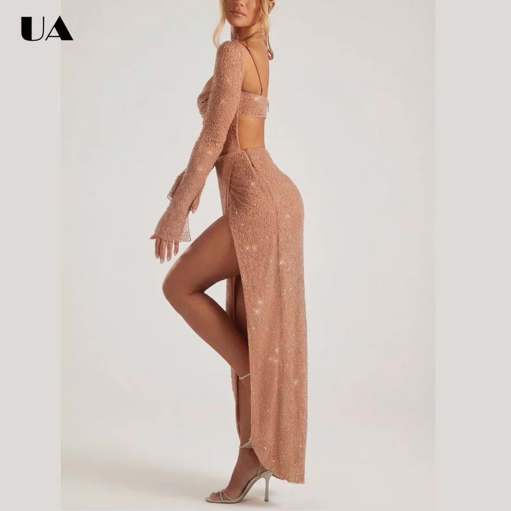 ULBYANRY Glamarous Beading Slim fit Prom Dress Sexy Backless Evening Dress Customized Square Neck Draped Wedding Guest Dress