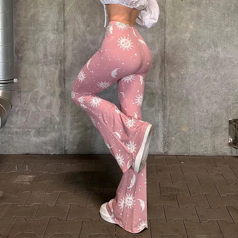 Starry Sky Sun Pattern Printed High Waist Pink Trumpet Pants Women's Pants Summer New Style