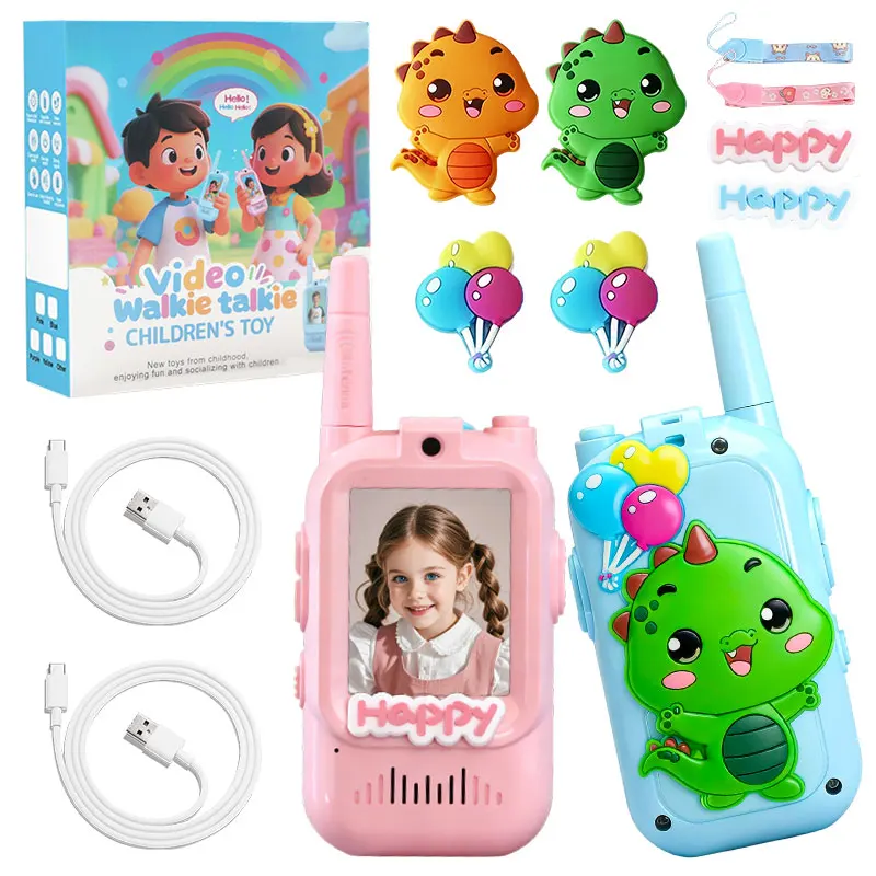 Video Walkie Talkie per bambini Confezione da 2 giocattoli ricaricabili Adesivi adesivi morbidi per piccoli dinosauri fai-da-te per regali da viaggio in campeggio al coperto