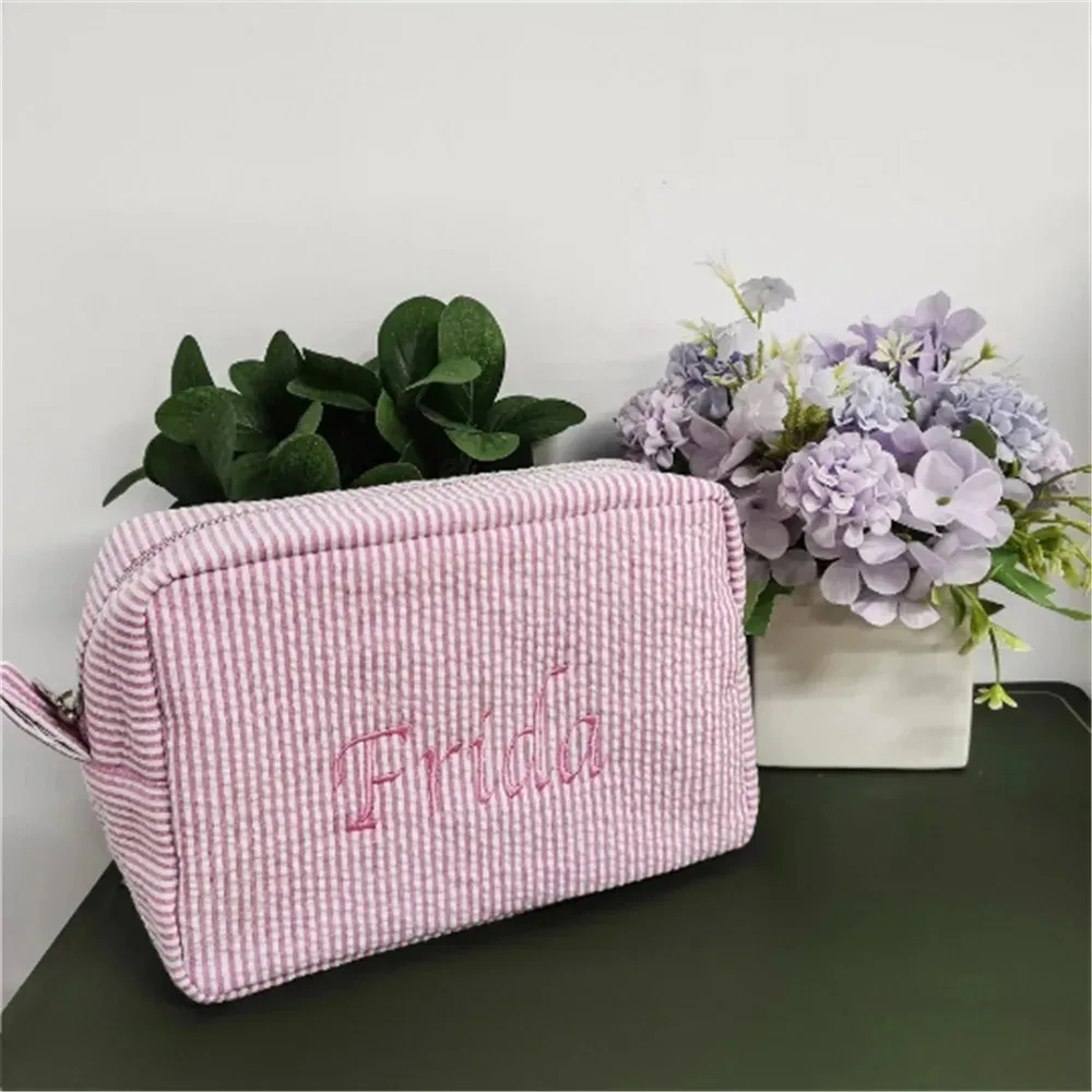 Personalized Seersucker Makeup Bag - Embroidered Name, Wash Bag, Wedding Bridesmaid Gift, Custom Toiletry Pouch