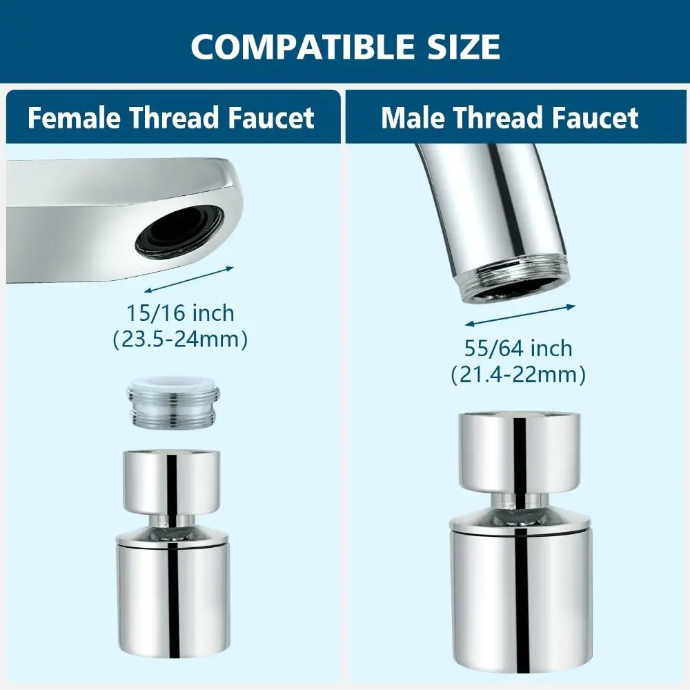 360° Swivel Swivel Faucet Aerator 2-Flow Sprayer Female Thread Kitchen Faucet Aerator Dual-Function Chrome Finish