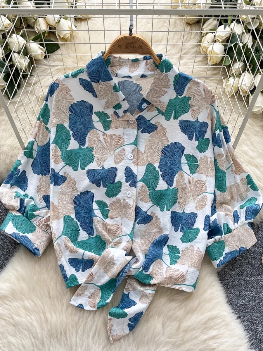 Foamlina Cross Tie Up Taille Afslankende bedrukte blouse Dames zomer nieuwe chique lantaarnmouwen van hoge kwaliteit shirt top