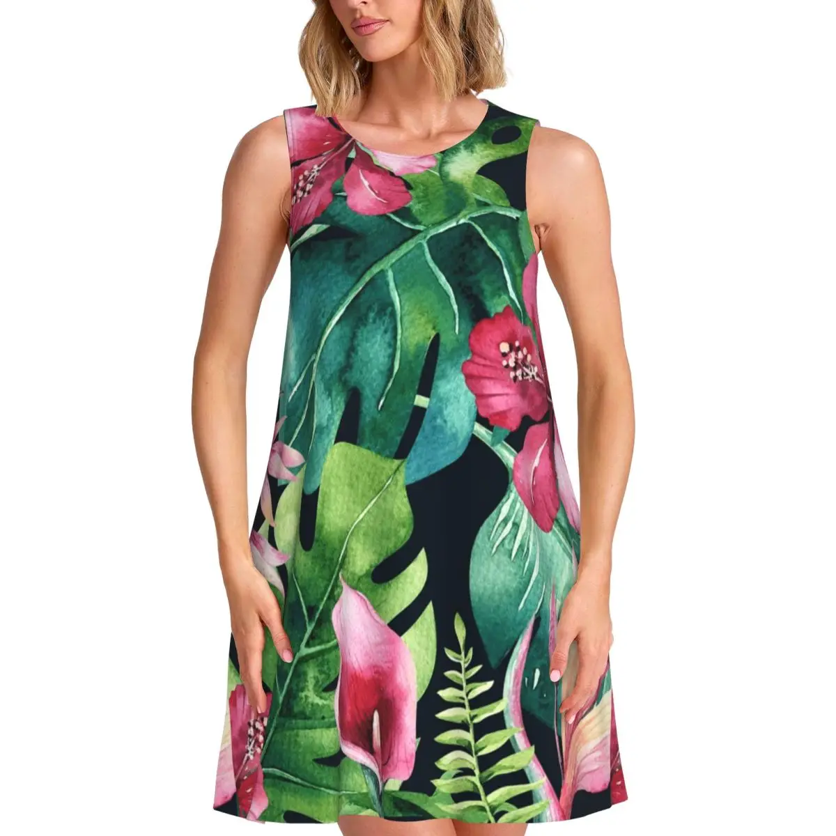 Dark Tropical Casual Dress Hibiscus Leaves Print Aesthetic Dresses Sleeveless Modern Dress Crew Neck Ladies Print Vestidos