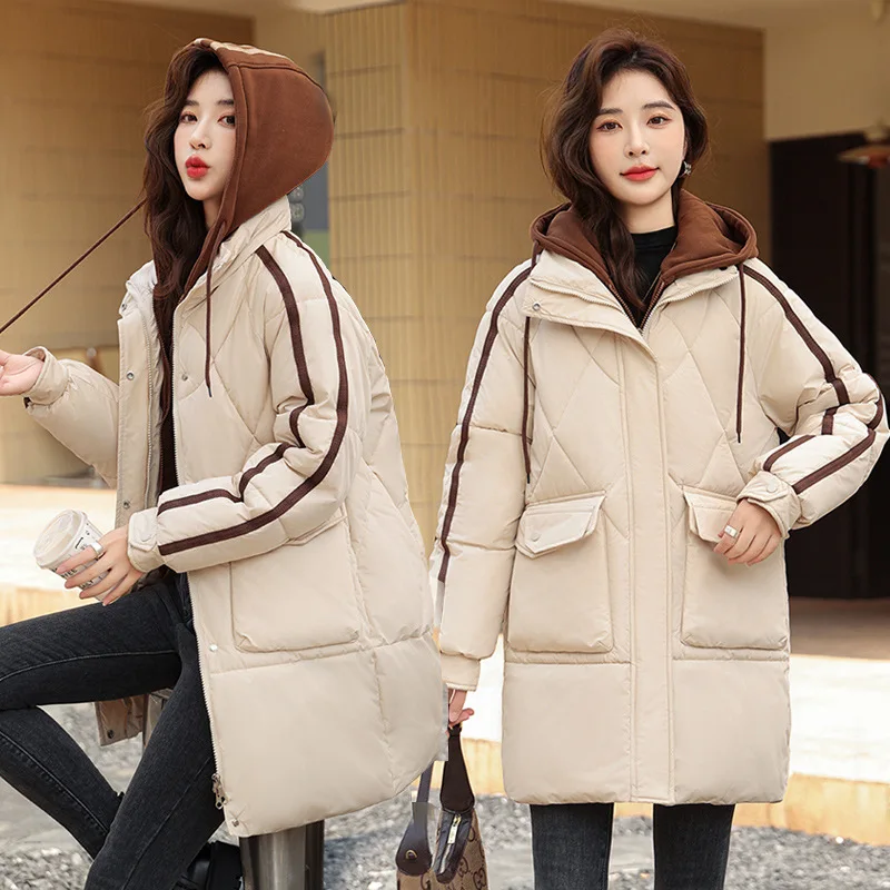 

Hooded Parkas Coats Women Mid Length Solid Jackets Drawstring Pocket Zipper Long Sleeves Loose Office Lady Casual 2025 Winter