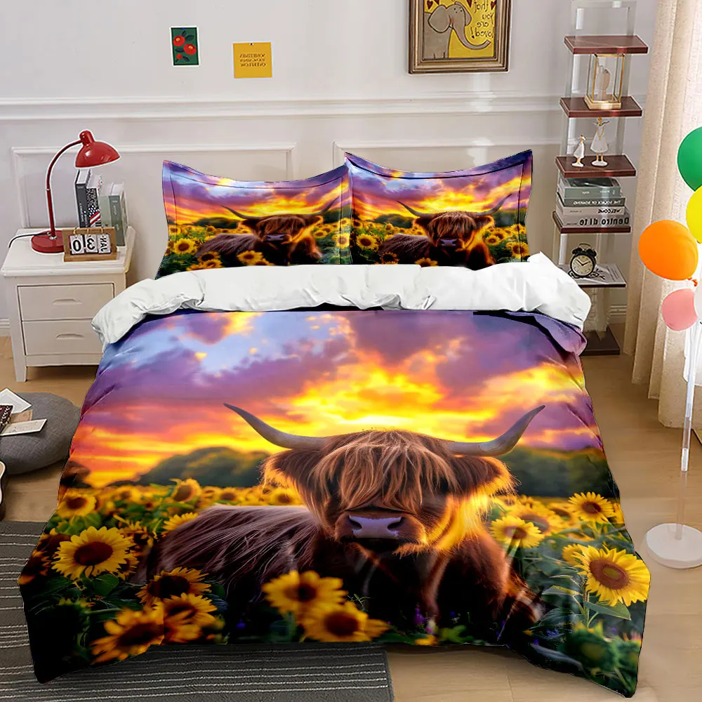 Hairy Cow Among Sunflowers at Sunset Pattern Duvet Cover Set Digital Print Colorful Polyester Bedding with Zipper Closur