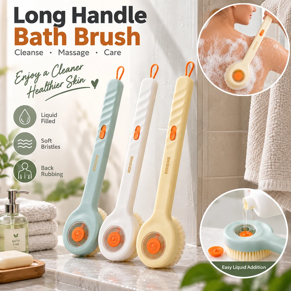 Long Handle Liquid Filled Soft Hair Bath Brush Soap Dispenser Back Rubbing Exfoliating Massage Scrubber for Shower Body Cleaning
