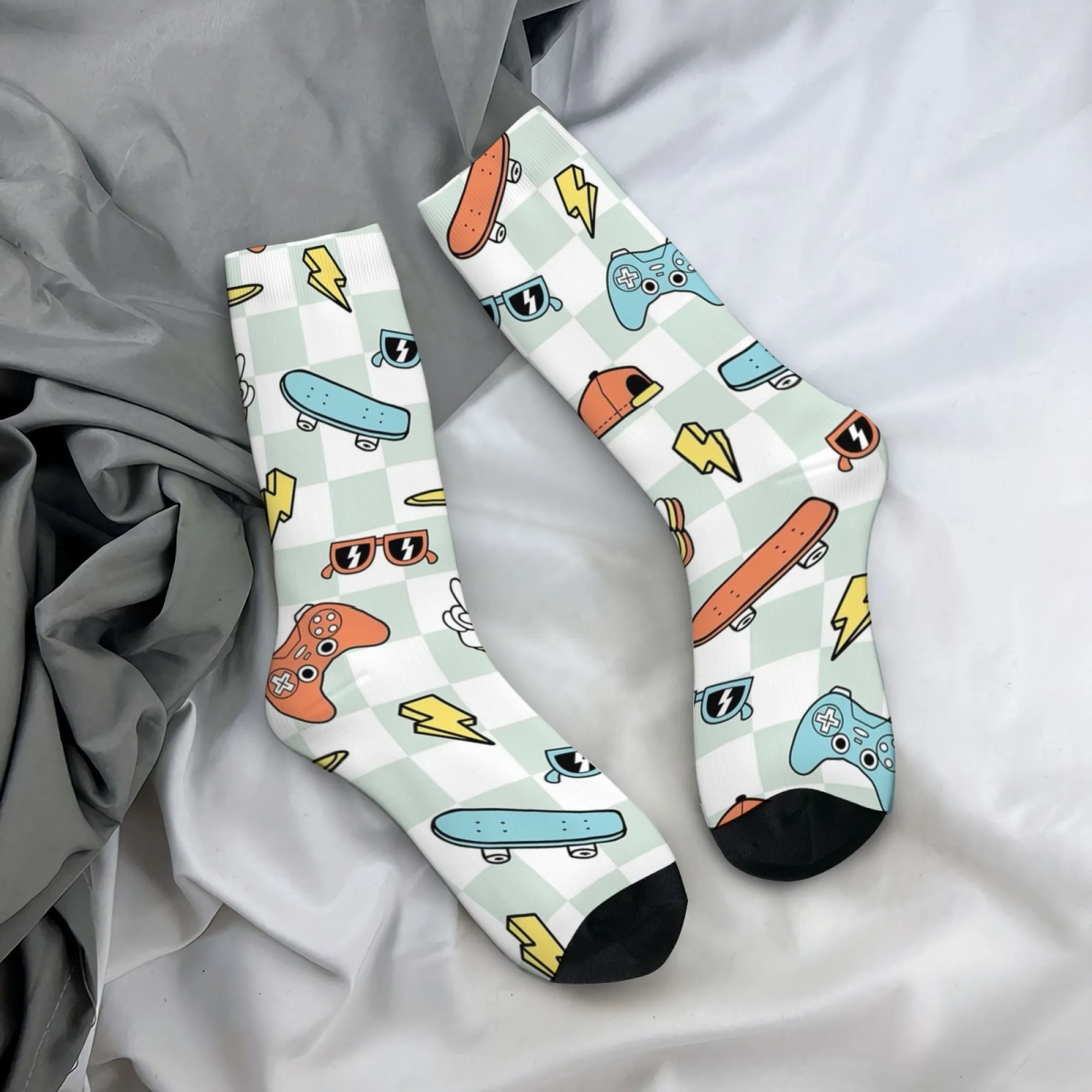 Playful Funny Skateboard-style Streetwear Checkerboard Print Mid-calf Socks  Unisex Light Green Soft and Vibrant Fresh Style