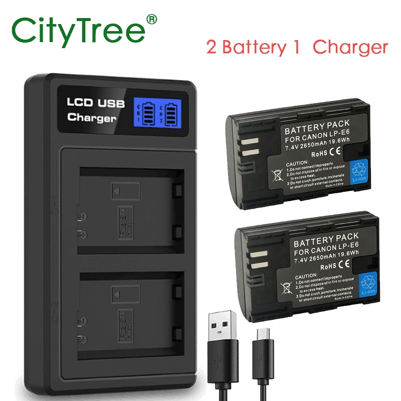 LP-E6 LP E6 LPE6 2650mAh LP-E6N Battery + LCD USB Dual Charger for Canon EOS 5DS R 5D Mark II 5D Mark III 6D 7D 70D 80D Camera