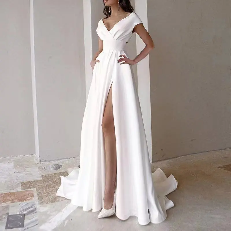 

Sexy V Neck Ruffle Edge Party Evening Long Dress Women Elegant Solid High Waist Sleeveless Split Prom Gown Graduation Dress