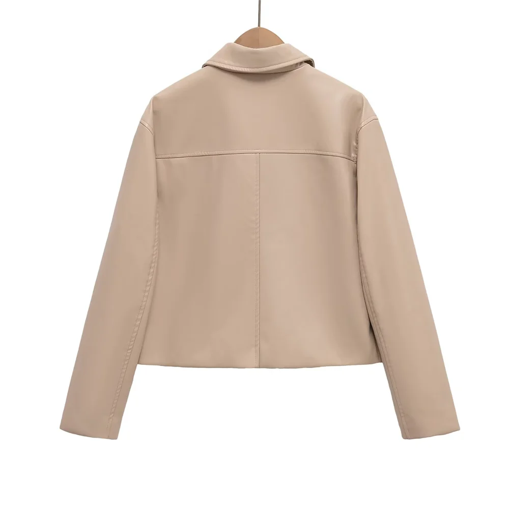 BMURHMZA レディース新作 シャツカラー 長袖 シングルブレスト スマート通勤スタイル ショート丈 テクスチャPUレザー風ジャケット
