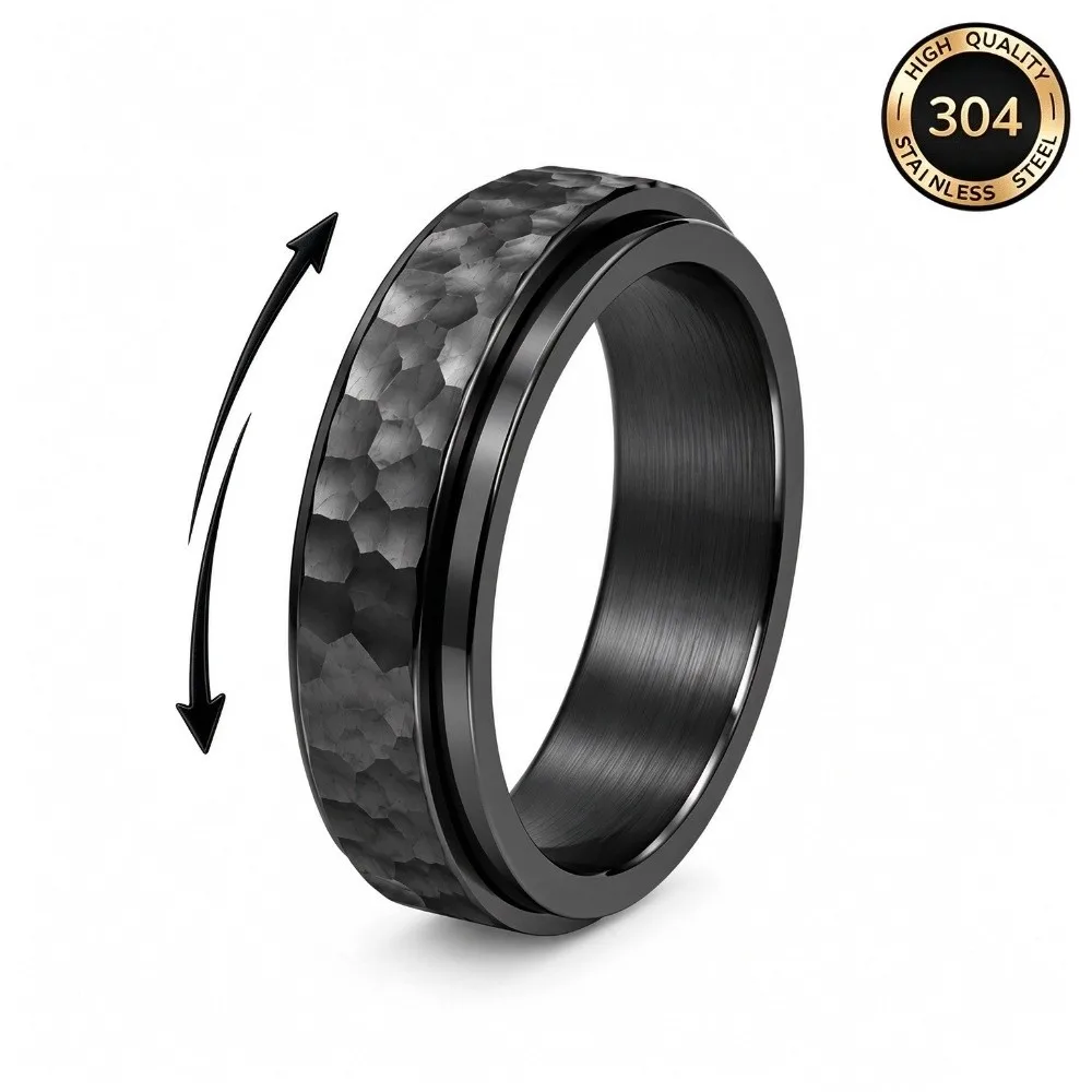 Hammered Moonpits Spinner Ring Irregular Patterns Anti-Stress Meteorite Ring Reducing Pressure Vintage Punk Fidget Spinner Gift