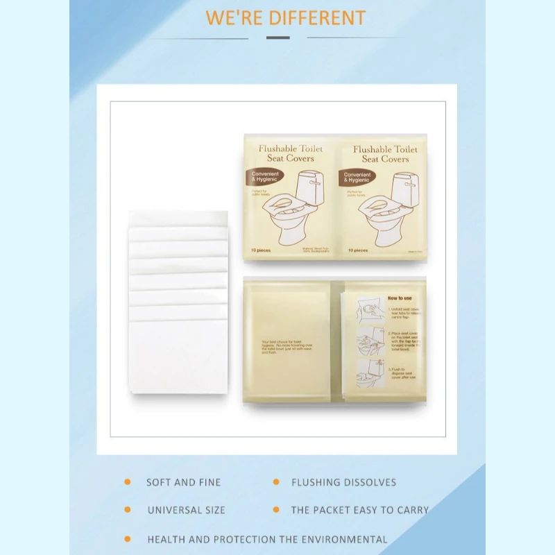 10pcs Soluble Toilet Seat Covers. Disposable, Flushable Wood Pulp Paper. Hygienic Travel Essential. Clean & Safe Anywhere!