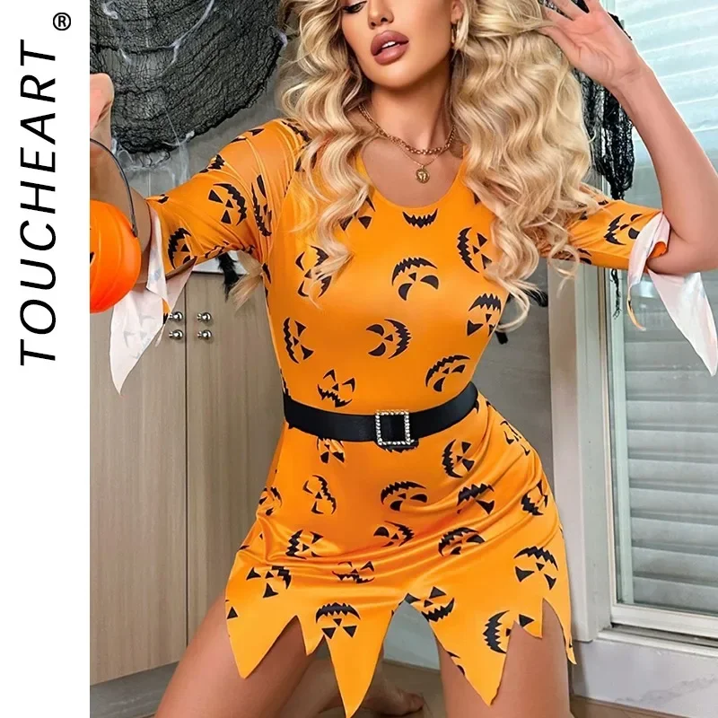 

Toucheart Хэллоуин косплей сексуальное женское платье униформа комплект с принтом тыквы тонкий комплект с высокой талией для девочек интересное платье униформа комплект
