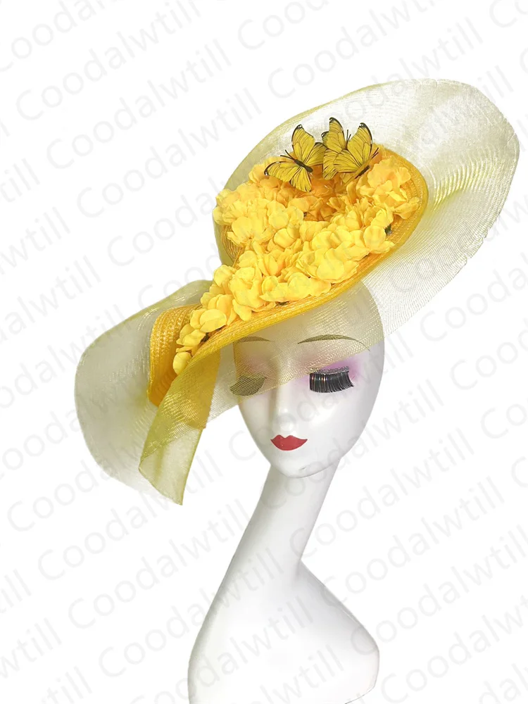 

Yellow Fascinator For Women Elegant Wedding Hats Church Headwear Fashion Flower Headdress For Party Tea Evening Pillbox Hat