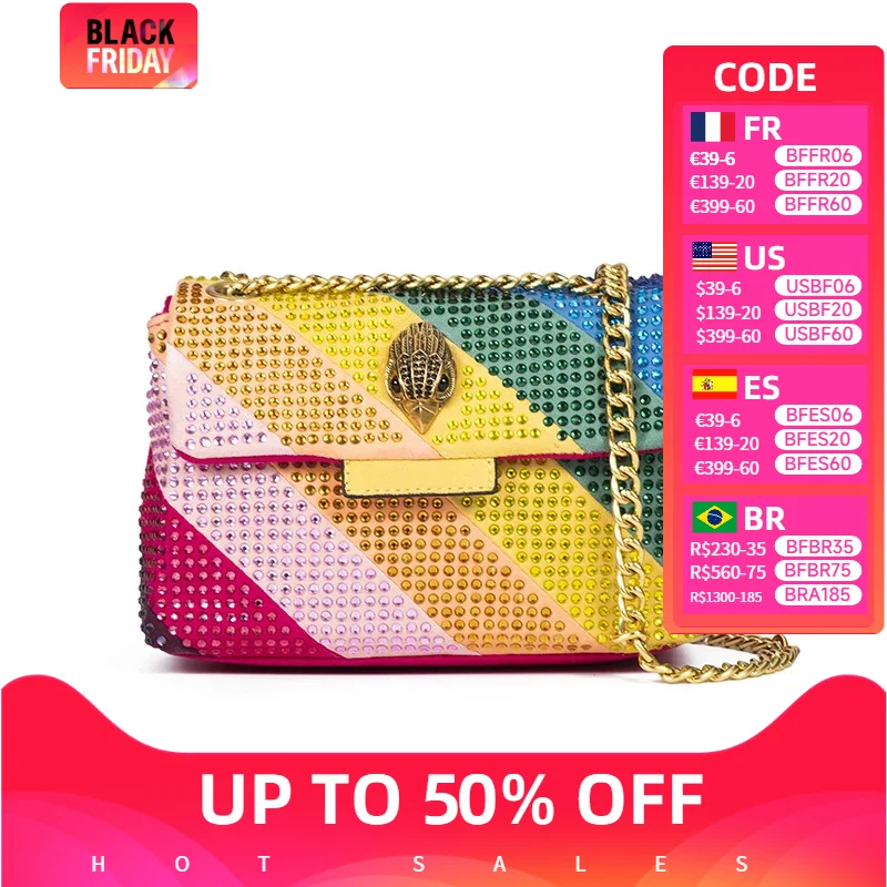 Luxury Design Fabic Women Bag Crystal Embellishment  Quilting Pattern Rainbow Patchwork Icon Metal Logo  Jointing Purse