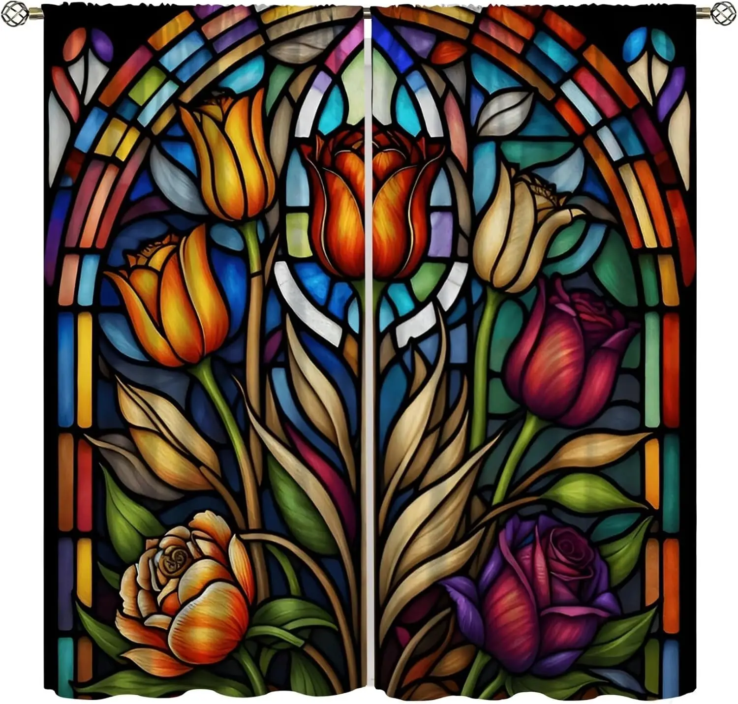 Floral Stained Glass Curtain Panels Pair Window Decor Polyester Curtain Shower Curtain Gothic Victorian Style Home Accent Draper