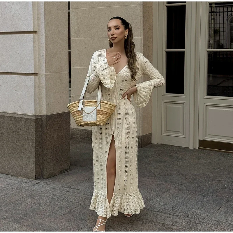 Elegant Knitted Hollow Out Long Dress Women Beach Ruffle Single-breasted Flare Sleeve Cardigan Robe Female Fashion Solid Dresses