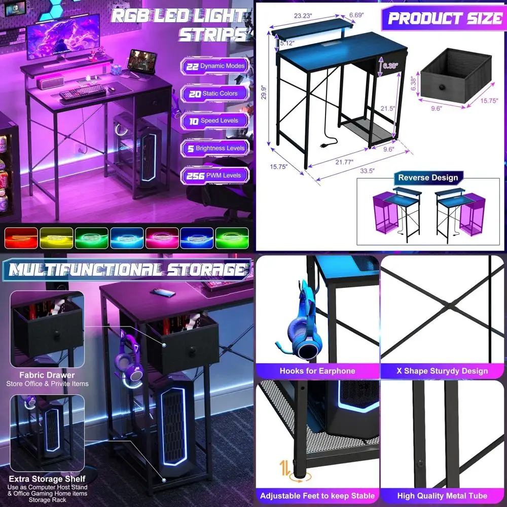 

Compact LED-lit Gaming Desk with Power Outlets and Storage for Home Office or Bedroom, Black