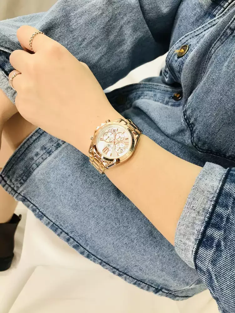 Rose Gold Chronograph Ladies Watch Roman Numeral Dial Date Stainless Steel Band Multifunctional Women Quartz Wrist Watch