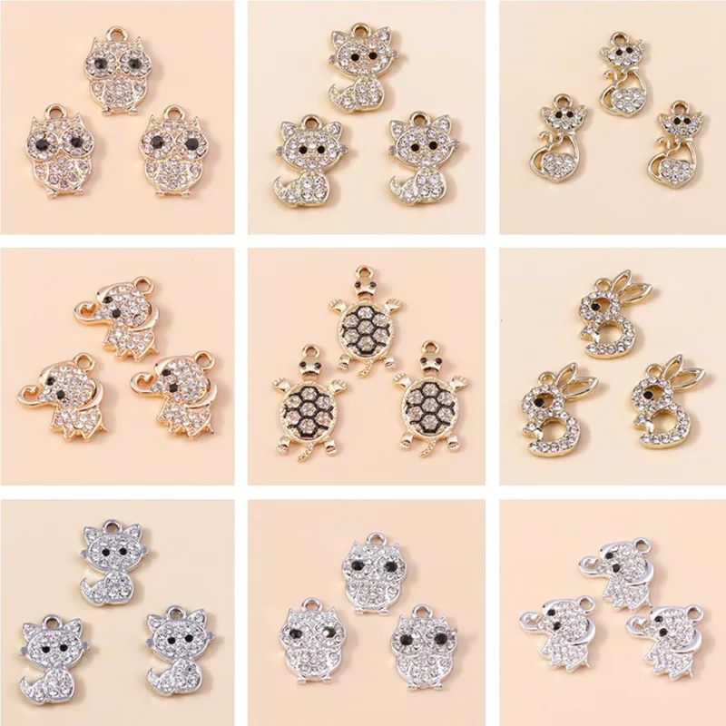 10pcs Cute Crystal Alloy Animal Turtle Owl Elephant Cat Charms Pendants for Making Necklaces Earrings DIY Craft Jewelry Findings