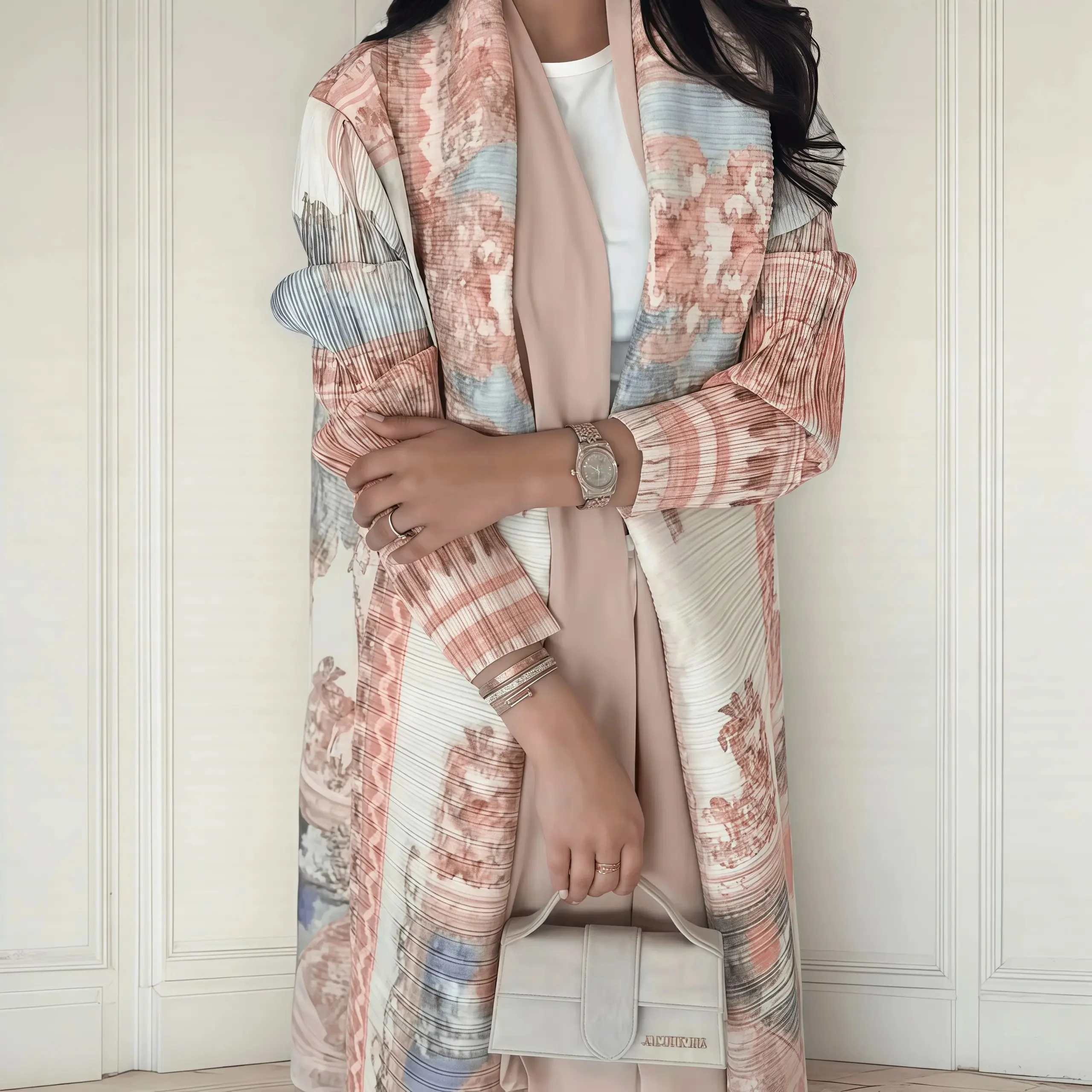 2026 New Winter Original Design Fashion Cardigan Coat Miyake Pleated Print Foldable Collar Women's Long Sleeve Robe
