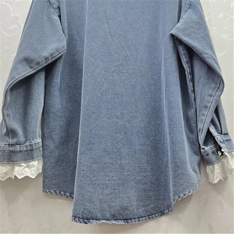 Frühling Frauen Mode Perlen Diamant Spitze Patchwork Denim Hemd Jacke Stehkragen Einreiher Langarm Jeans Jacke Mantel
