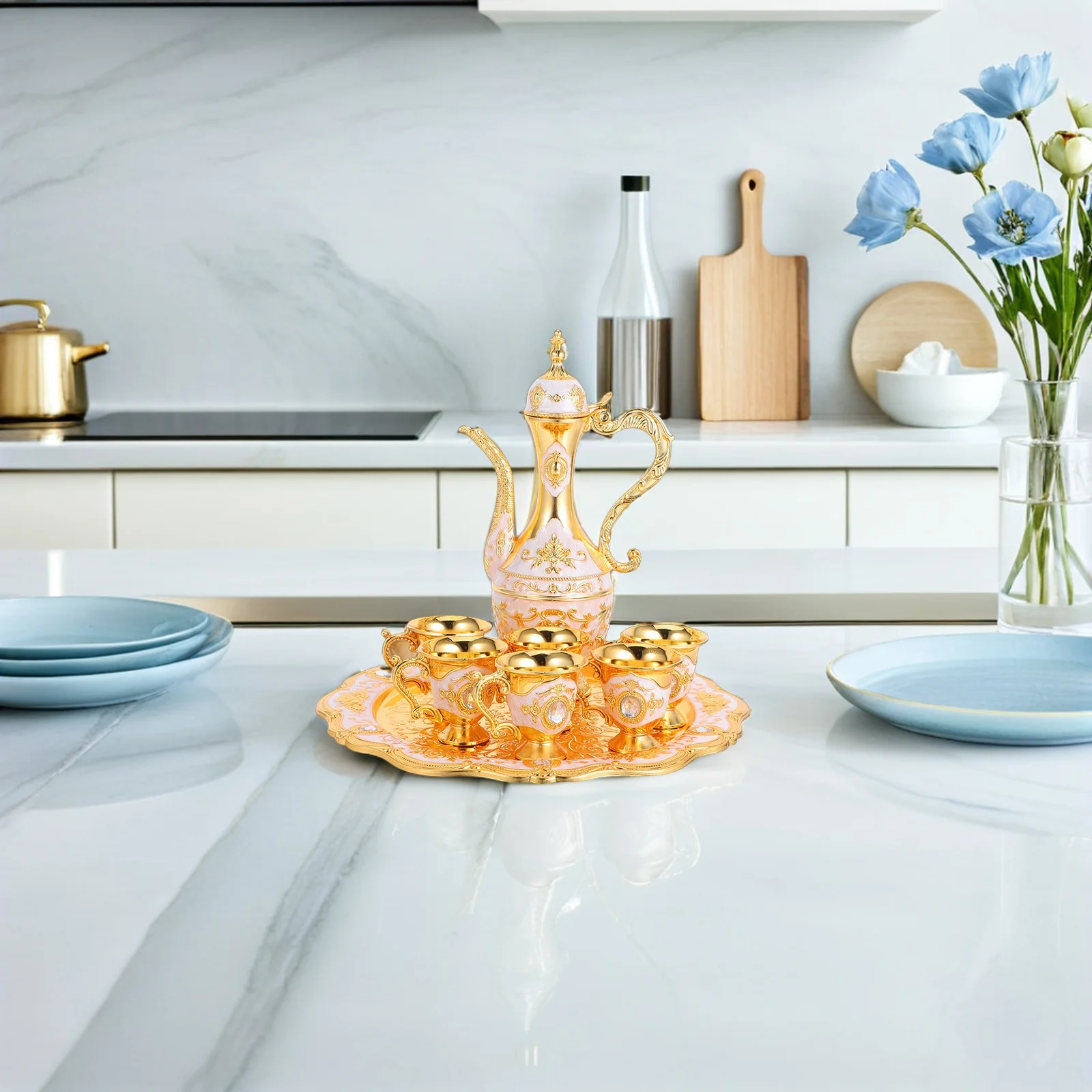 

1Set Vintage Embossed Metal Goblets Set Palace Style Wine Cup Tray Royal Chalices Decorative Drinking Set Retro Goblet