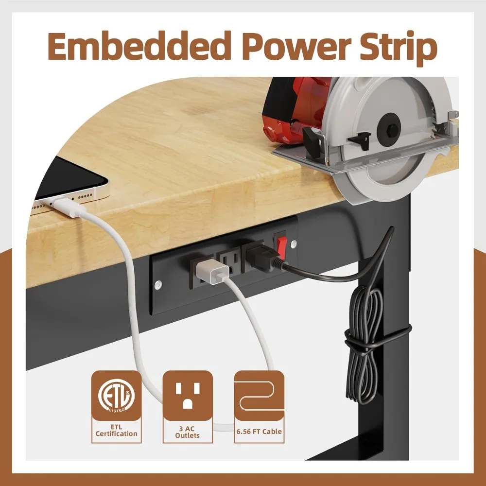 Adjustable Rolling Workbench Table with Wheels, Power Outlet, and Drawers for Large Load Capacity