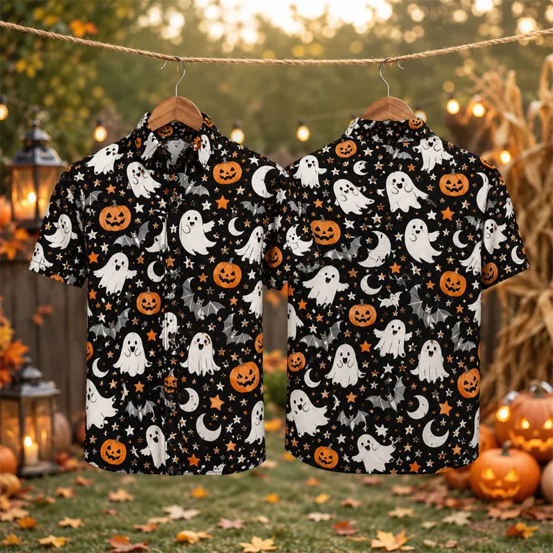 Men's Shirt Halloween Ghost Pumpkin Bat Moon Print Turn‑down Collar Short Sleeve Vacation Party Casual Button Down Men Clothes