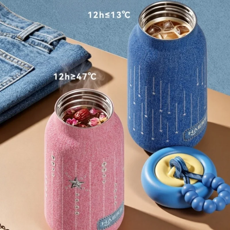 HAERS Denim Series Thermos Cup 316 Stainless Steel Insulated Bottles with Beaded Handle Portable Mini Pocket Travel Water Cups
