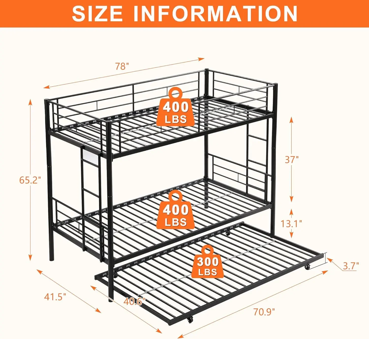 Twin Bunk Bed Frame with Trundle, Metal Bunk Bed Frame with Sturdy Guard Rail and 2 Ladders for Kids, Adults, No Box Spring Need