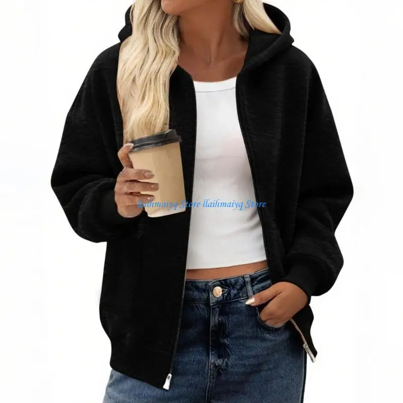 573B Zip Up Hoodie Women Comfy Oversized Hoodie Trendy Full Zip Hoodies Y2k Jacquard Casual Hooded with Pockets