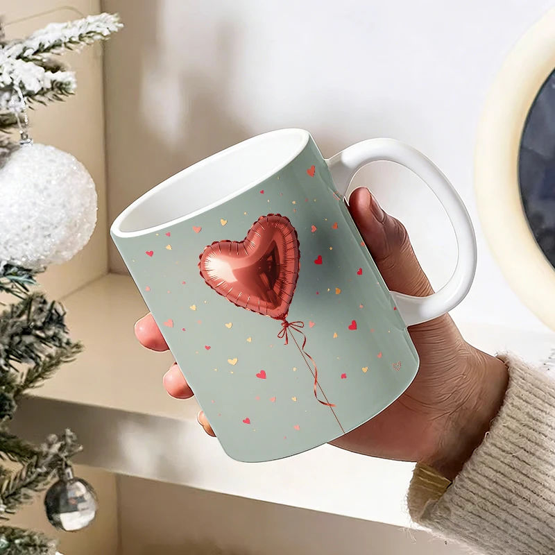 

11oz Rose Gold Heart Aluminum Foil Balloon with Handle Ceramic Cup, Creative Coffee Cup, Insulated Milk Cup, Office Tea Cup
