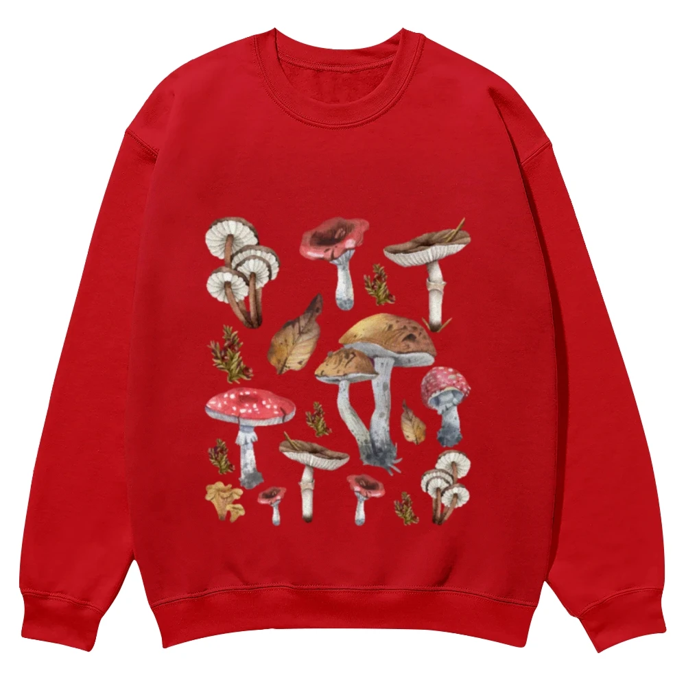 Chic Mushroom Printed Sweater, Long Sleeve, Crew Neck, Cotton Sweatshirt, Casual Loose Streetwear, Unisex Top, Spring and Autumn