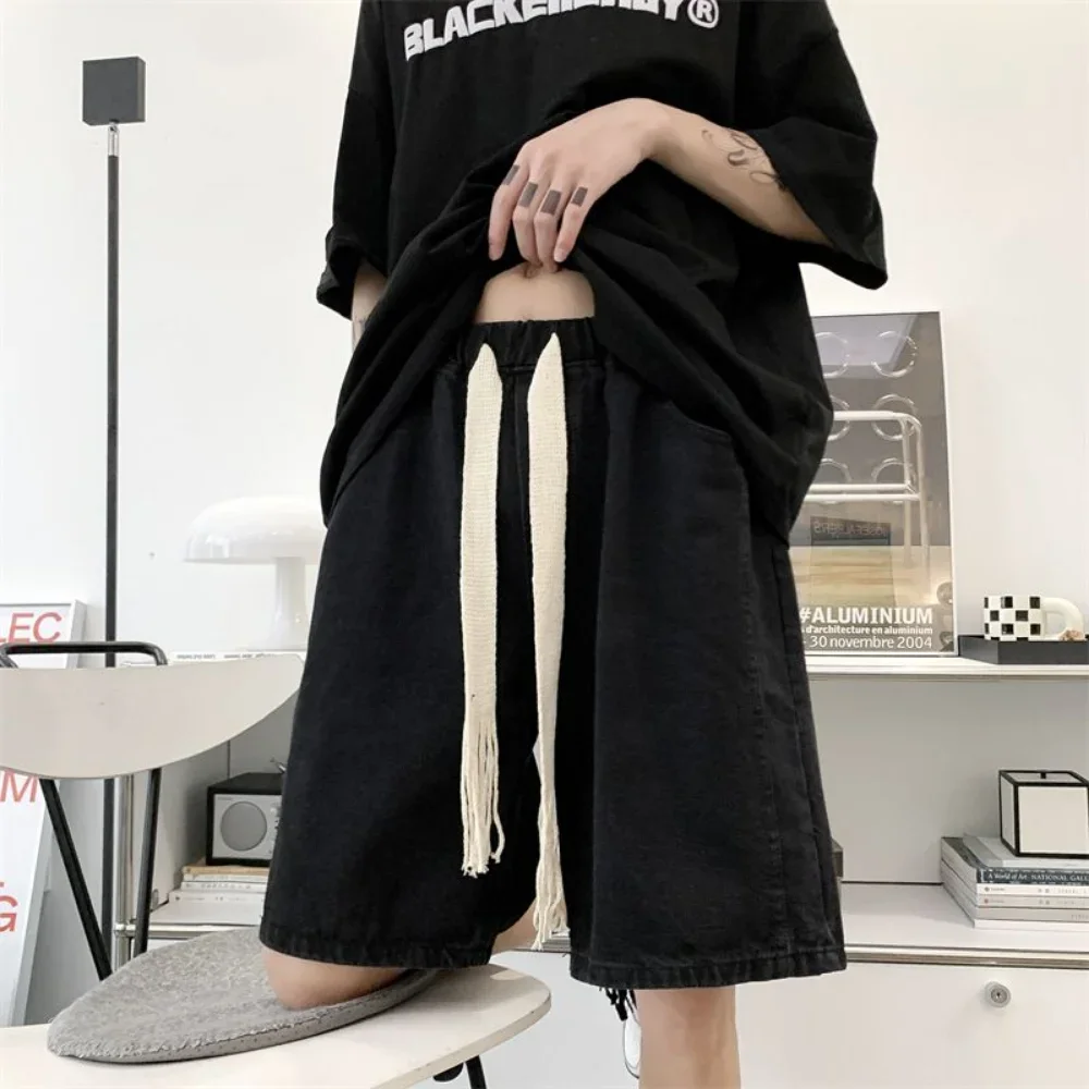 Pantalones cortos de mezclilla bordados en inglés verde para hombre, pantalones cortos de pierna ancha holgados con cintura elástica a la moda, pantalones cortos de estudiante Y2k
