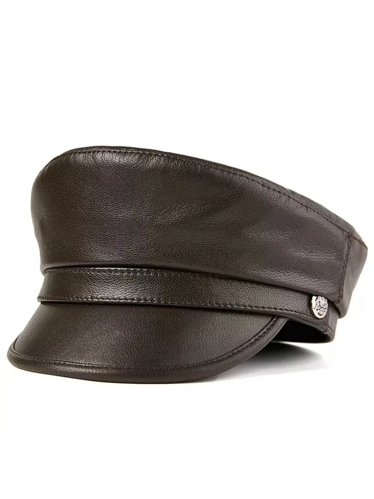 Autumn Winter Women Red Casual Beret Cap Unisex Military Flap Top Student Genuine Leather Peaked Cap Windproof Real Leather Hats