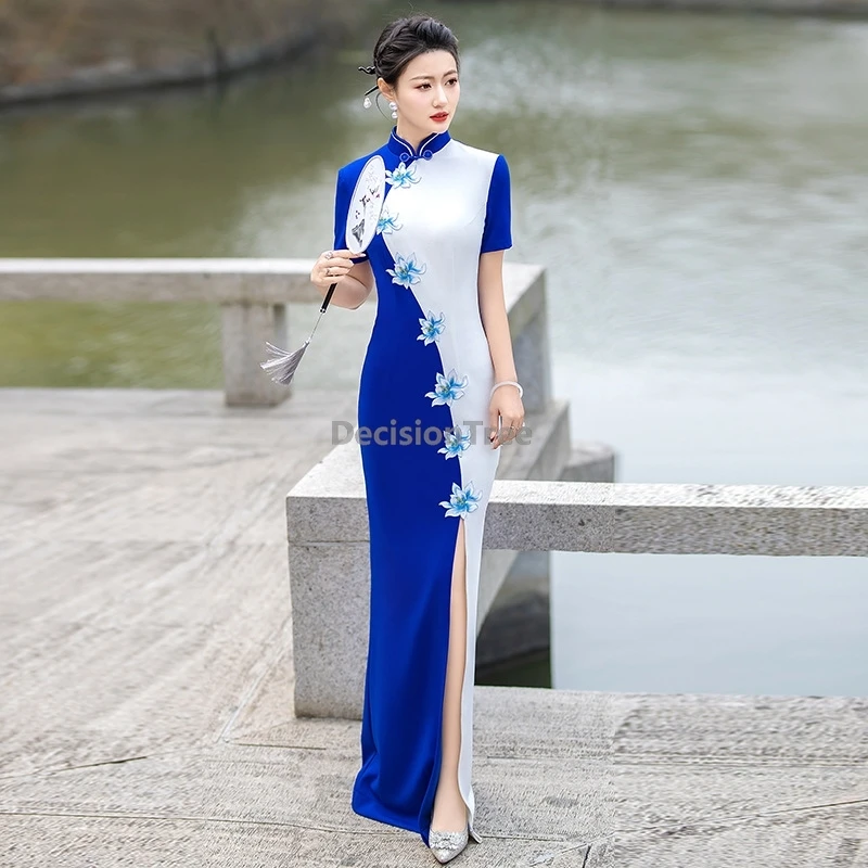 

2025 chic patchwork color show performance qipao chinese eight diagrams element design qipao vintage temperament slim dress h006