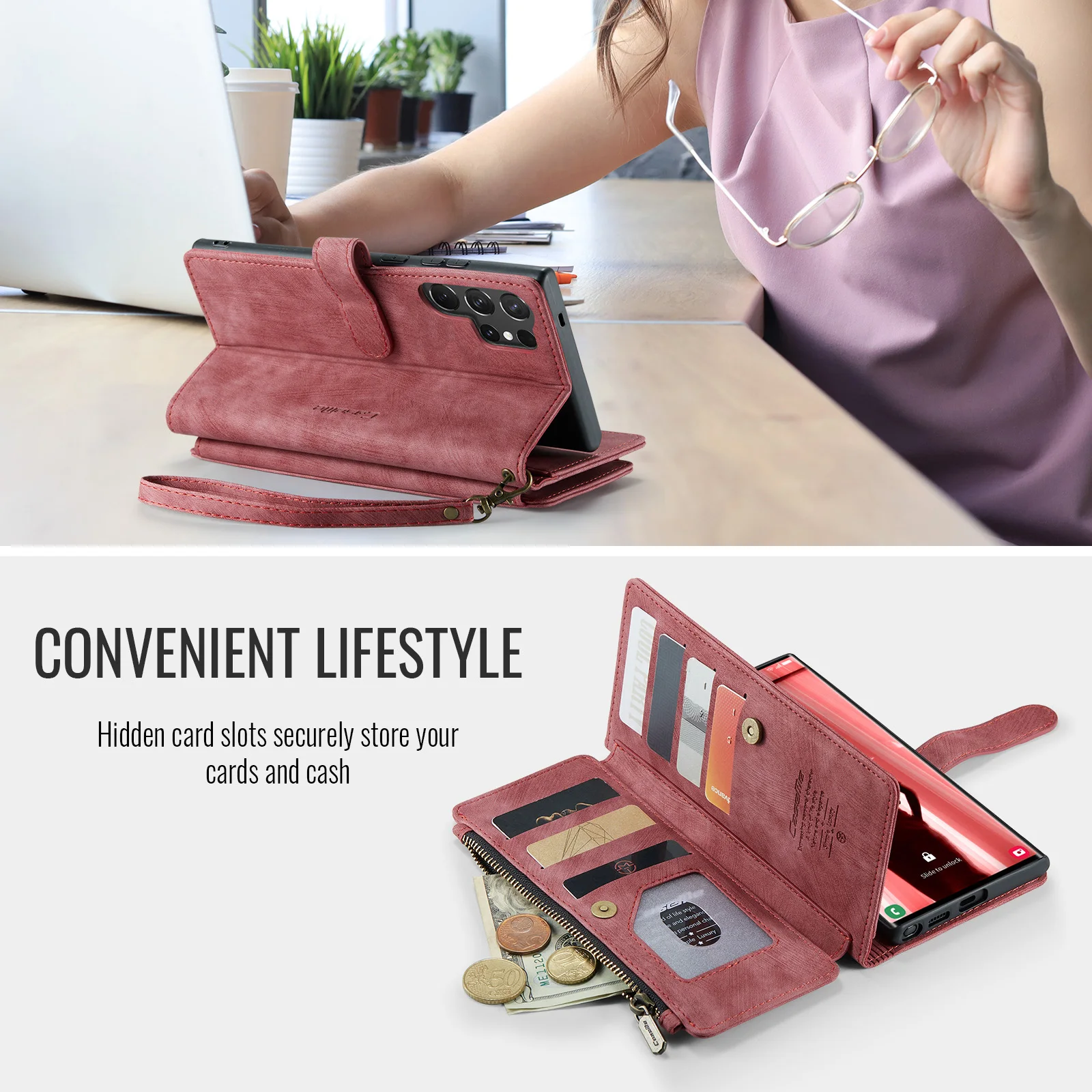 

CaseMe-C30 Чехол-кошелек для Samsung Galaxy S26 S25 Ultra S24 S23 FE S22+ S21 S20 Plus Роскошный кожаный флип-держатель с отделениями для карт