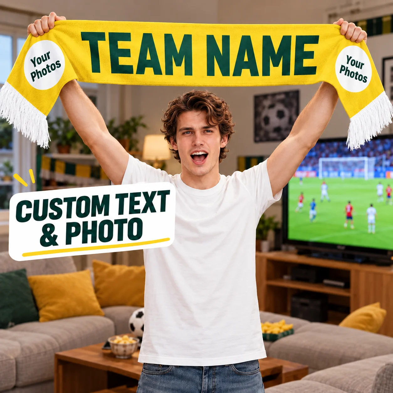 Custom Yellow Fan Scarf Personalized Team Name Photo Soccer Supporter Scarf Double Sided Sports Gift Match Day Football Fans Dec