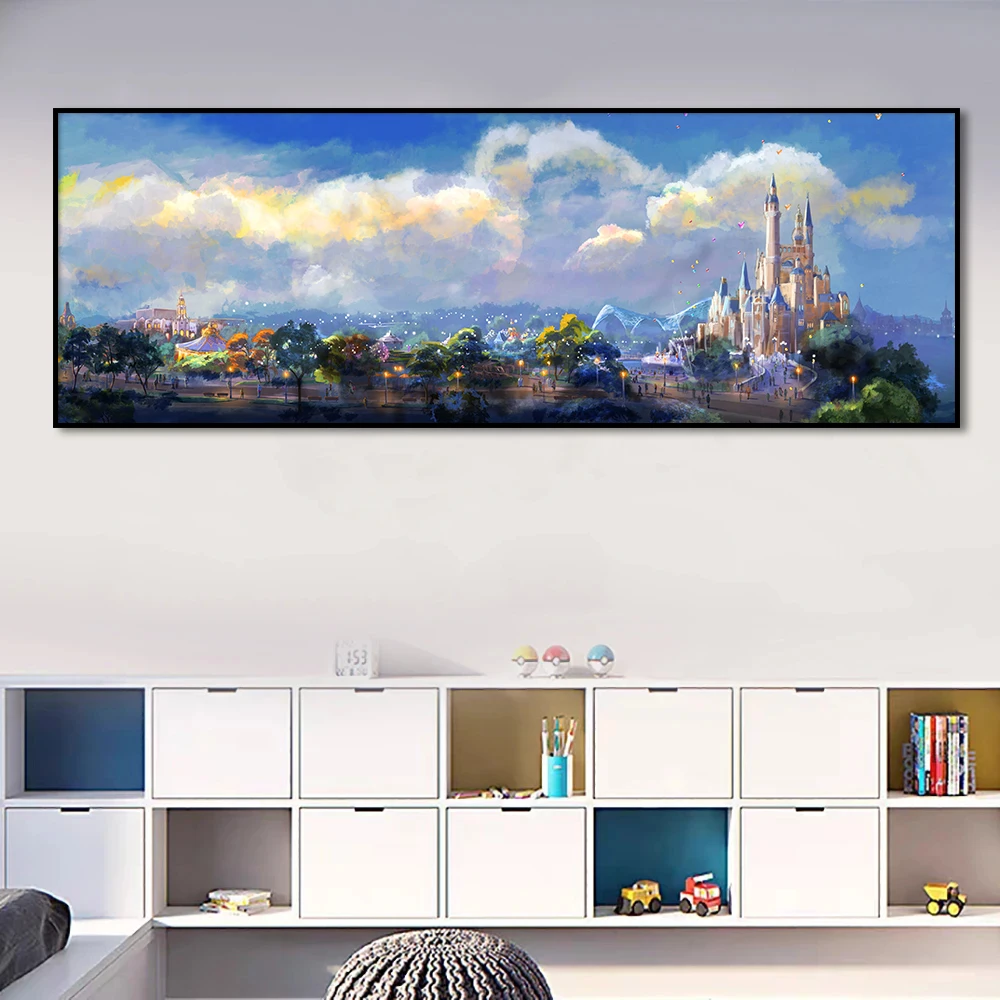 Disneyland Landscape Painting, Cartoon Art Poster, Canvas Print, Fairy Castle Picture, Living Room Kids Home, Wall Decor Cuadros