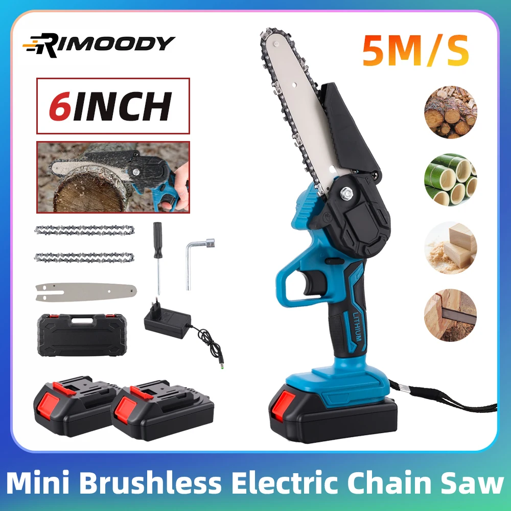 Rimoody Motosega elettrica da 6 pollici con 2 batterie Sega a catena senza spazzole Mini motosega da potatura portatile Utensile da taglio per la lavorazione del legno