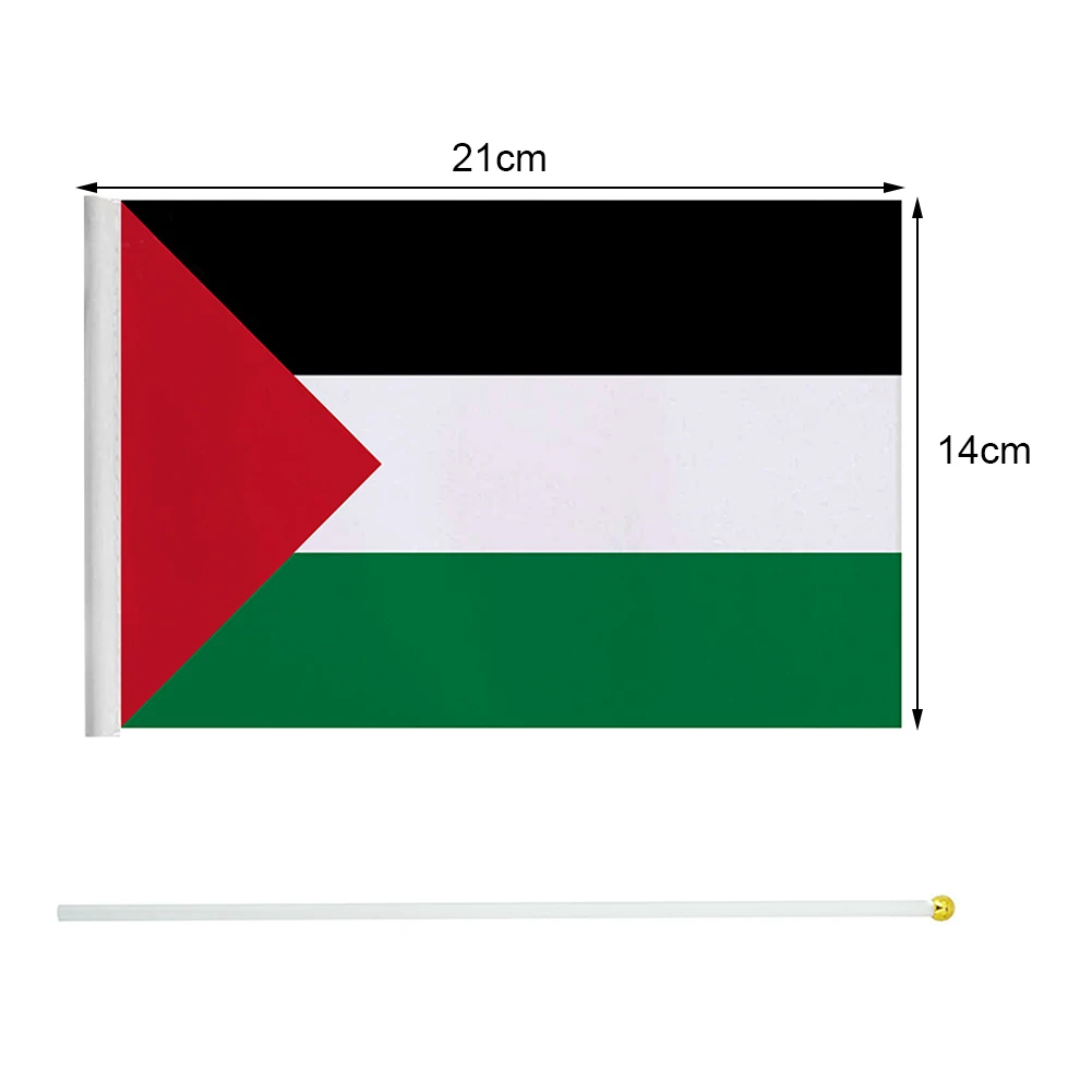 Small Palestine Flag 14x21cm Portable Hand Waving Palestinian Banner Polyester Fade-Resistance Plastic Flagpole for Events