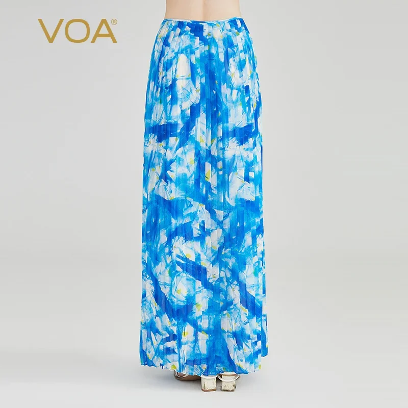 VOA Real Silk One Piece Georgette Sky Blue Asymmetric Three Button Organ Pleated Sexy Holiday Style Half Skirt CE220