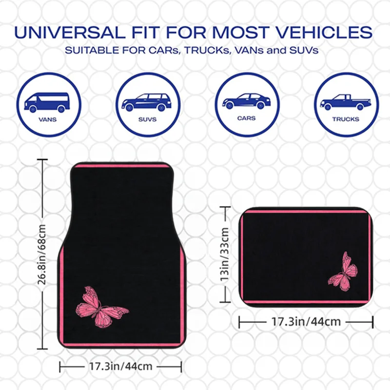 4pcs Polyester Fiber Pink Butterfly Cute Printed Fashion Easy Car Floor Mats, Practical Car Interior Decoration Additions