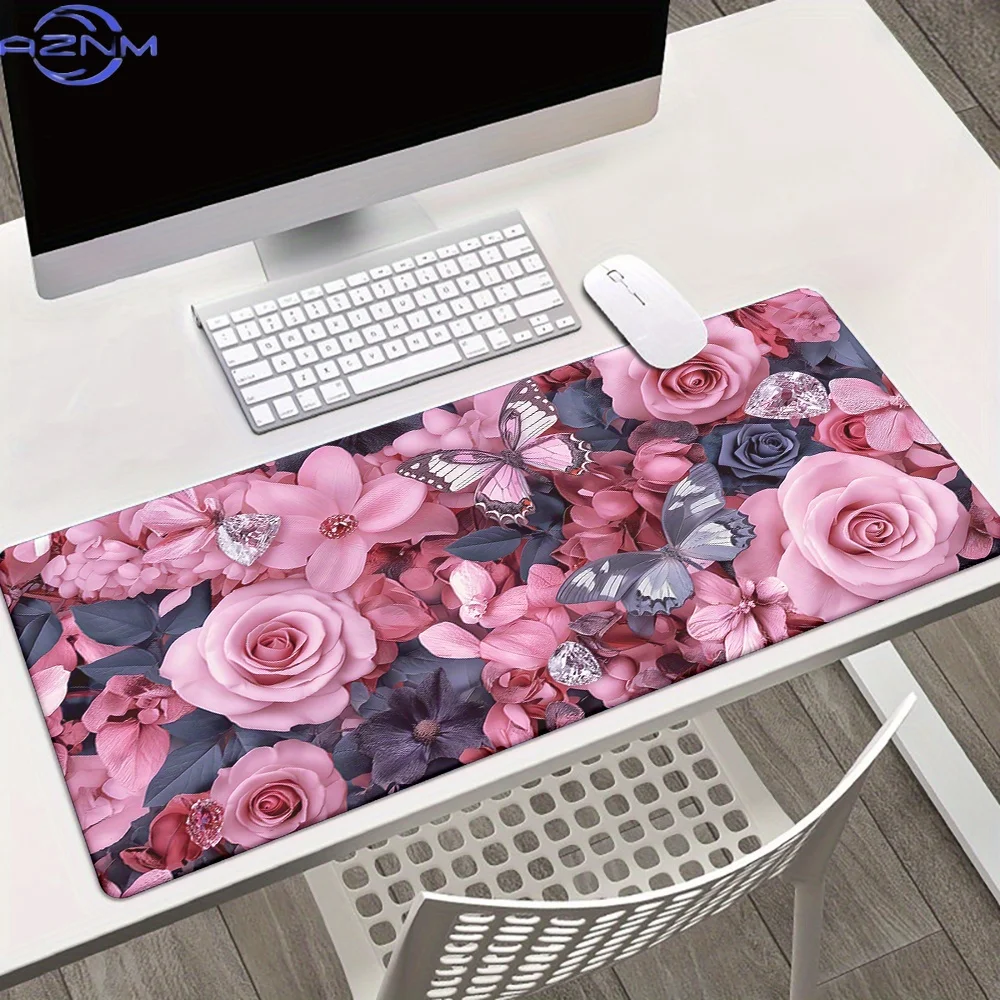 1pc, Beautiful Pink Roses, Butterflies, HD Printed Pad for Desk, Multi Functional XXL Mousepad, Keyboard Gaming Mouse Mats, Offi